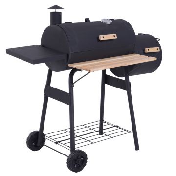 Outsunny Gratar de gradina cu capac si afumator, gratar pe carbune cu rafturi si roti 124x53x104cm, negru | AOSOM RO