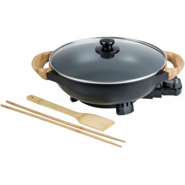 Bestron Wok electric BESTRON AEW100AS, manere din bambus 1500W, capac din sticla, termostat detasabil si reglabil, 2 accesorii, Negru