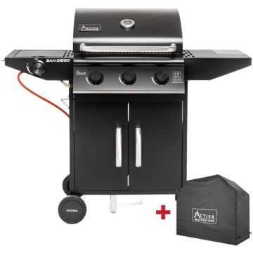 ACTIVA Gratar pe gaz cu 3 arzatoare din inox si arzator lateral Activa San Diego 19689GD, Husa, Negru