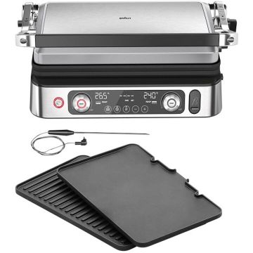BRAUN Gratar electric Braun MultiGrill 9 Pro CG9160, 2200 W, 3 moduri de gatire, 2 zone de gatit, 3 programe automate, sonda termica, 1 set placi detasabile, deschidere 180°, functie Sear, tava scurgere detasabila, argintiu