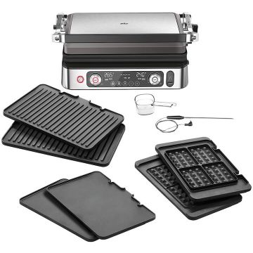 BRAUN Gratar electric Braun MultiGrill 9 Pro CG9167, Putere 2200 W, 3 moduri de gatire, 2 zone de gatit, 3 programe automate, Sonda termica, 3 seturi placi detasabile, Deschidere 180°, Functie Sear, Tava scurgere detasabila, Argintiu