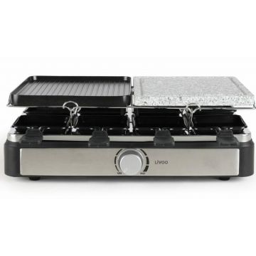 Gratar Raclette DOC 258 2 Tavi Detasabile din Piatra si Aluminiu Turnat Antiaderent Termostat Reglabil 8 Tigai Antiaderente si 8 Spatule din Lemn 1400W Negru/Argintiu