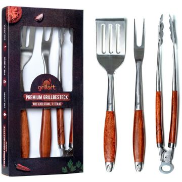 grillart Set Grillart GA-1023, 3 ustensile premium din otel inoxidabil cu maner de lemn