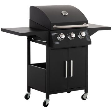 Outsunny Gril cu gaz, Gril BBQ cu 3 arzătoare fiecare cu 2,9 kw, 4 roți, Negru | Aosom Romania
