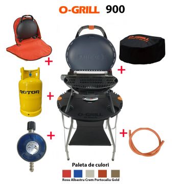 Pachet Complet O-grill 900 + Masa O-grill + Kit furtun GPL 1.5m Ceas butelie + Geanta de transport + Husa de protectie + Butelie Metalica 26L