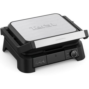 Tefal Gratar electric multifunctional Tefal SuperGrill 3 in 1 GC510DE0, 2000W, Placi detasabile, Invelis antiaderent, 3 trepte de temperatura, Functie tip cuptor & barbeque, Suprafata de gatire 600 cm2, Depozitare pe verticala, argintiu si negru