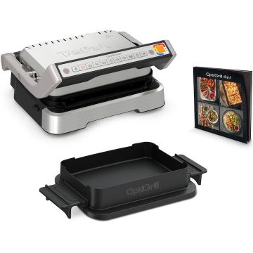 Tefal Gratar electric Tefal OptiGrill 4 in 1 GC774D30, 2100W, 9 programe de gatire automate, Tava pentru cuptor, Tavi detasabile cu invelis antiaderent, Argintiu si negru