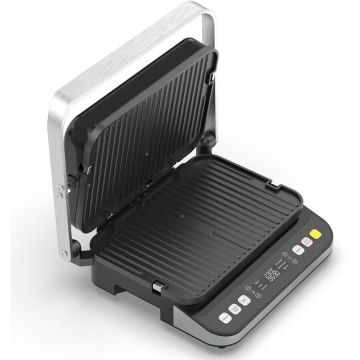 AENO Gratar electric Aeno AEG0005, 2000 W, 6 programe automate, placi cu doua fete 320x220 mm, unghi de deschidere de pana la 180, functie dezghetare, afisaj led, control tactil, temperatura maxima 230°C, tava de scurgere ulei inclusa, Argintiu