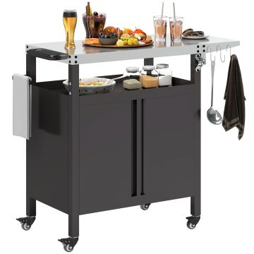 Carucior pentru Barbecue cu Dulap, Raft Deschis si Masa Laterala, din Otel Inoxidabil, 116x50x93 cm, Negru