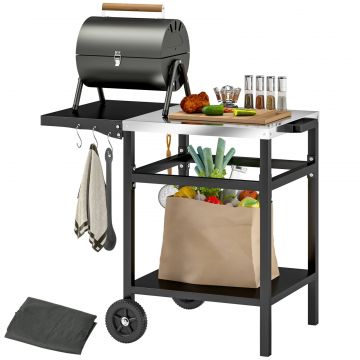 Carucior pentru Gratar cu Blat din Otel Inoxidabil, Raft Pliabil si Husa de Protectie, 91x58x76 cm, Negru