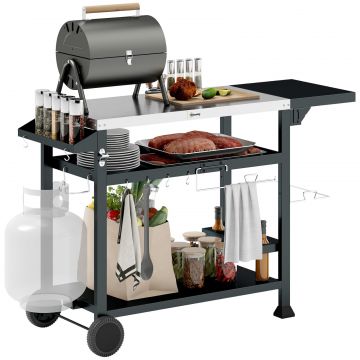Carucior pentru gratar cu masa pliabila din otel inoxidabil, 2 roti si accesorii, 125x65x84 cm, negru