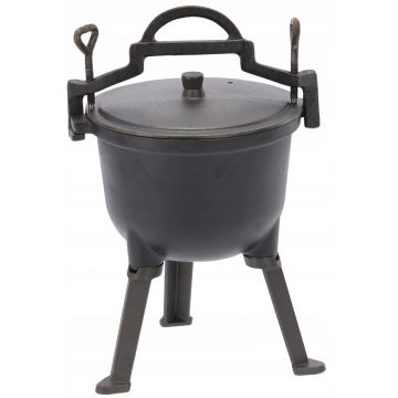 Ceaun vanatoresc din fonta, cu capac si picioare pentru gatit in aer liber, 5L, 25x42 cm, negru