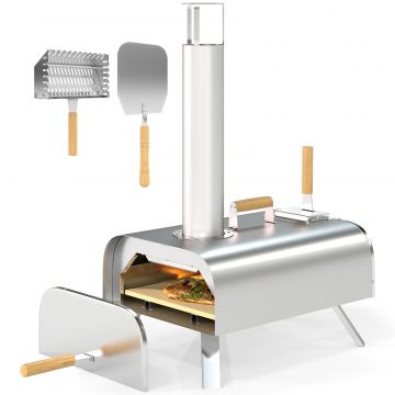 Cuptor pentru Pizza pe Pelete de Lemn cu Piatra Refractara si Lopata, din Otel Inoxidabil, 79x36x75 cm, Argintiu