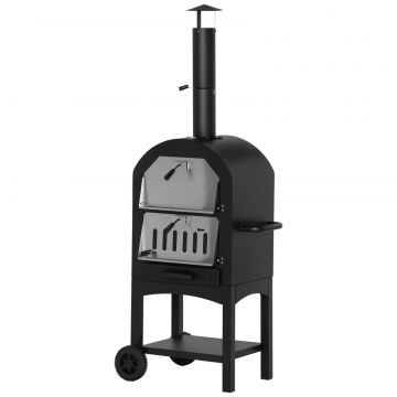 Cuptor Portabil cu Carbune pentru Pizza si Barbecue, Cuptor cu Lemne, Cos de Fum si Raft Inferior, 63x54x161 cm, Negru