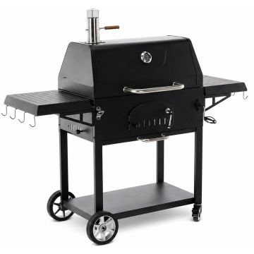 Gratar carbuni cu capac si termometru, grill fonta, rafturi laterale, roti pentru deplasare, 153x65x137 cm, negru