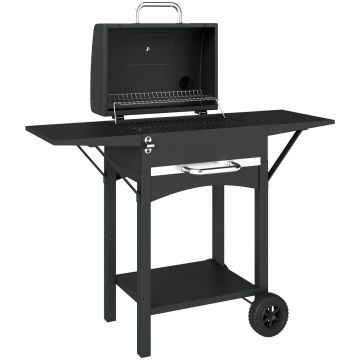 Gratar cu Carbuni, cu 2 Rafturi Laterale, Termometru, Capac si Roti, 110x46.5x101 cm, Negru