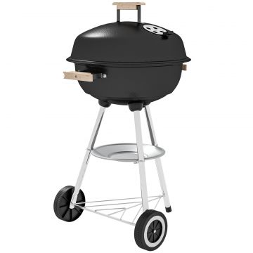 Gratar cu Carbuni, Grilaj Metalic, Capac, Orificii de Aerisire, Roti, Raft si Maner, 48x56x94 cm, Negru