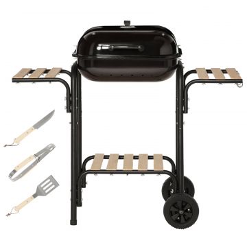 Gratar cu Carbuni, Rafturi, Roti, Capac si Priza de Aer, 113x62x97 cm, Negru