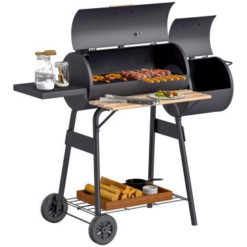 Gratar de gradina cu capac si afumator, gratar pe carbune cu rafturi si roti 124x53x104cm, negru