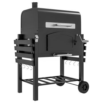 Gratar de Gradina pe 2 Roti cu Grilaj, Afumator si Arzator, din Metal si Fonta, 124x66x112 cm, Negru