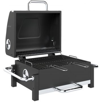 Gratar Pe Carbuni cu Orificii de Ventilatie, Sertar pentru Cenusa, Gratar Portabil cu Termometru, Gratare, Capac, Maner din Otel Inoxidabil, BBQ pe
