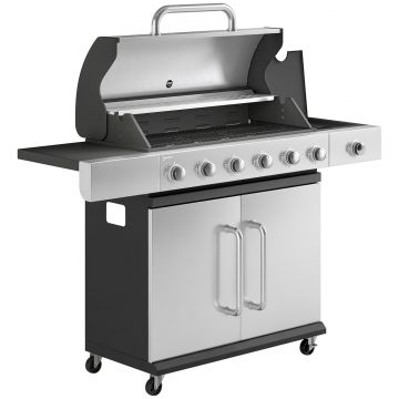 Gratar pe Gaz, 6 Arzatoare, Arzator Lateral, Grilaj din Fonta, Dulap Inclus