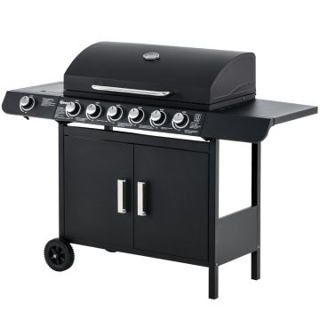 Gratar pe Gaz cu Capac, 7 Arzatoare de 20 kW in total si Arzator Lateral, Termometru, Raft si 2 Roti, 135x50x100cm Negru