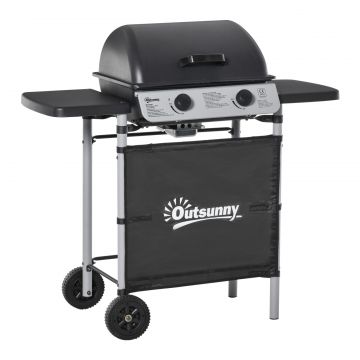 Gratar pe gaz cu Capac si 2 Arzatoare cu o putere totala de 5,6 kW, Gratar din Otel cu Roti si Rafturi, 104x49x99cm Negru