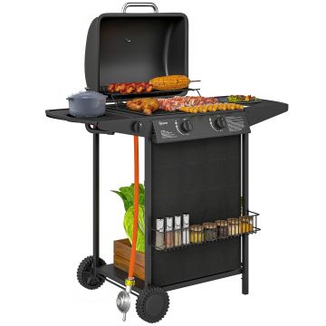 Gratar pe Gaz cu Capac, Termometru, Masuta Laterala si Tava pentru Colectarea Grasimii, 107x54x96 cm, Negru
