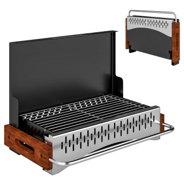 Gratar Portabil cu Carbune, Tava Detasabila, din Otel Inoxidabil si Metal, 50,5x34x33 cm, Negru