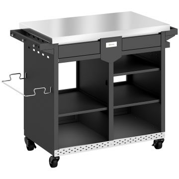 Outsunny Cărucior grătar 5-nivele Masă laterală cu suprafață de lucru din oțel inoxidabil rafturi reglabile sertar roți suport condimente suport prosoape | Aosom Romania