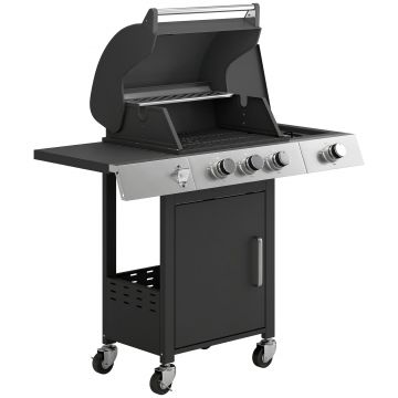 Outsunny Grătar pe gaz 10,5 kW 3+1 arzătoare BBQ cărucior oțel inoxidabil incl. arzător lateral deschizător termometru grătar fontă | Aosom Romania