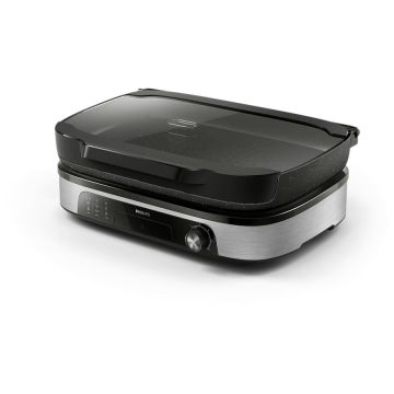 Philips Gratar electric Philips HD6212/90 Seria 5000, 2400 W, temperatura reglabila, dispozitiv de afumare, suprafata de frigere mare 1250 cm², plita versatila, strat de piatra Maifan, placi detasabile, capac de sticla