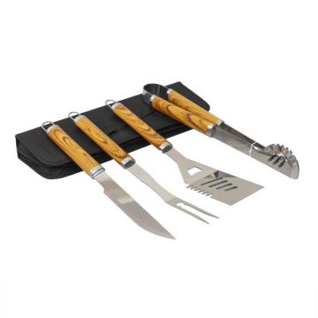 Piese Inox si Maner de Lemn, Gratar + Borseta Depozitare, 4 Bucati