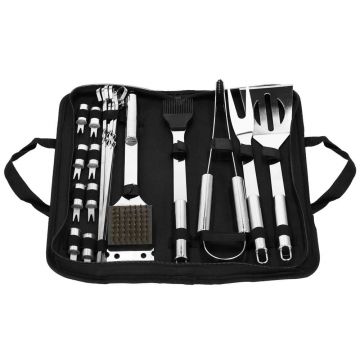 Set accesorii gratar inox 20 piese cu furculita spatula cleste perie, rezistente la caldura, husa transport inclusa