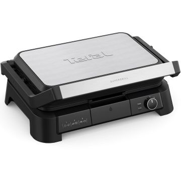 Tefal Gratar electric multifunctional Tefal SuperGrill 3 in 1 XL GC520DE0, 2000W, placi detasabile, invelis antiaderent, 3 trepte de temperatura, functie tip cuptor si barbeque, suprafata de gatire 800 cm2, depozitare pe verticala, Argintiu / Negru